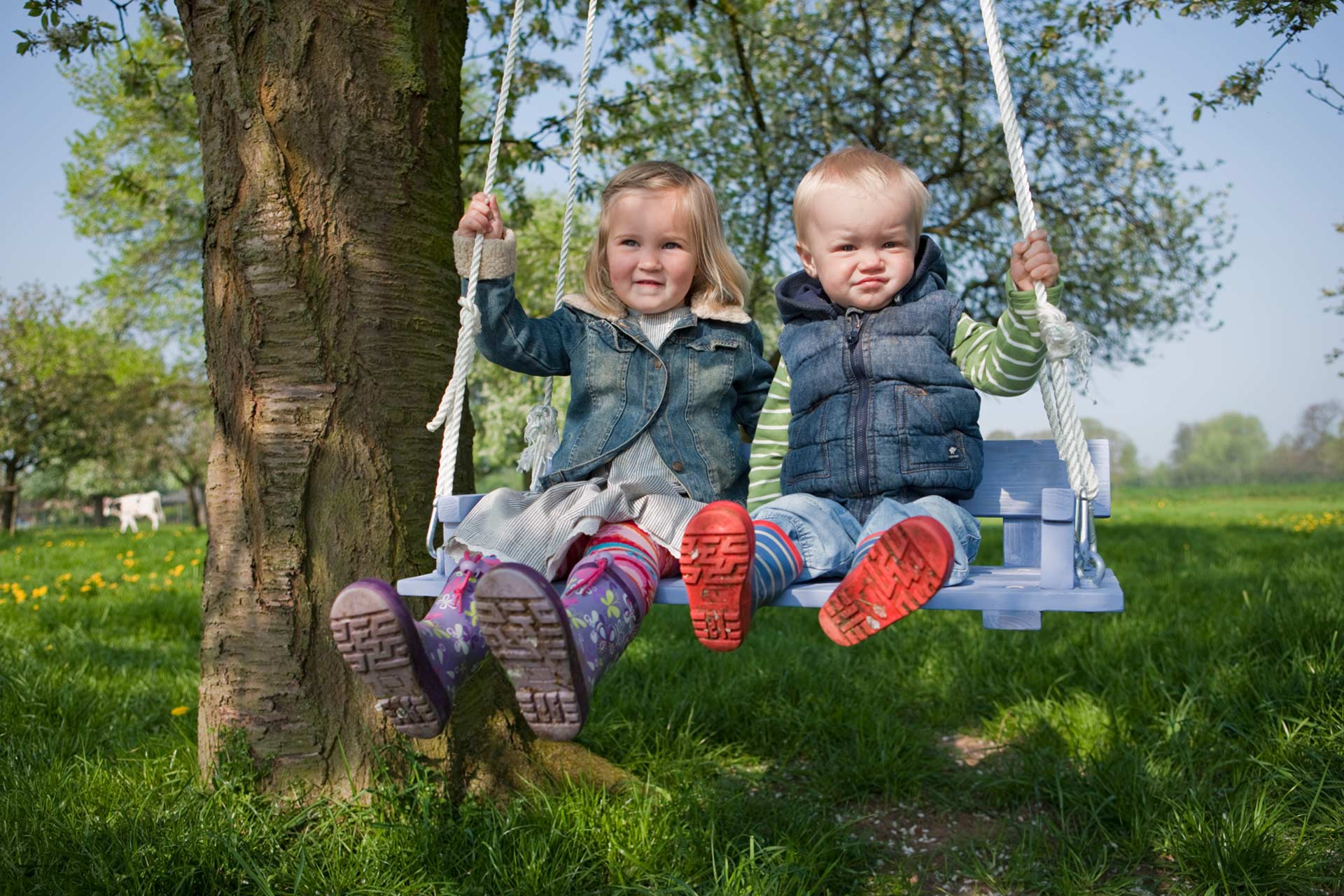 2 Kleine Kinder auf einer selbstgebauten Baumschaukel